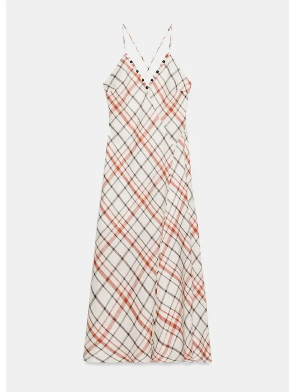 Zara 100% Linen Plaid Slip Strappy Casual Coastal  Maxi Dress with Beaded V-Neck